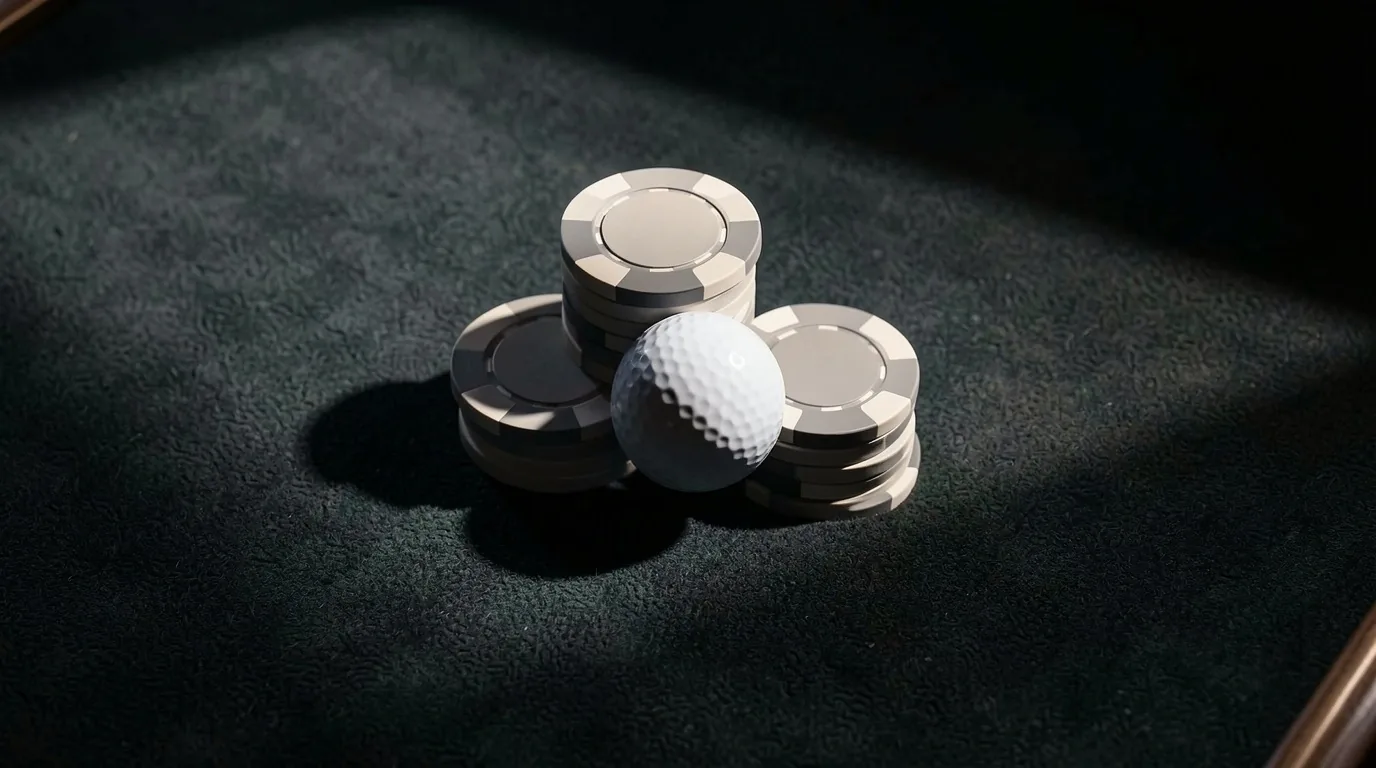 Piłka golfowa na zielonym filcu obok żetonów pokerowych w oświetleniu studyjnym